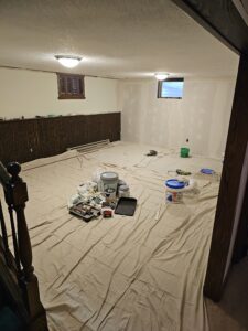 Basement living room remodel under construction.